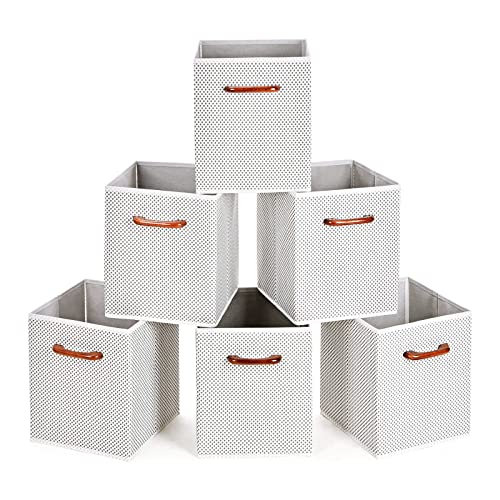 MaidMAX Cloth Storage Bins Cubes Baskets Containers with Wooden Handles for Home Closet Bedroom Drawers Organizers, Foldable, Grey Polka Dot, Set of 6
