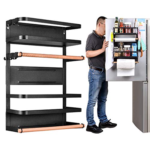 Kitchen Rack - Magnetic Fridge Organizer - 17.7x12.7x5 INCH with 22LBS/10KG Weight Capacity - Paper Towel Holder, Rustproof Spice Jars Rack, Heavy-Duty Refrigerator Shelf Storage Including 5 Hooks