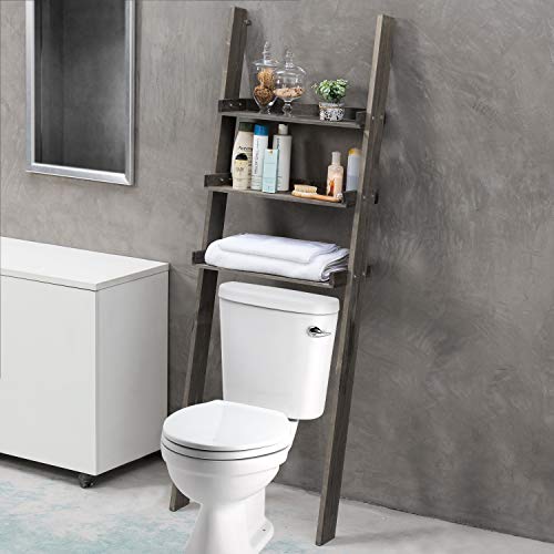 MyGift Over-The-Toilet Storage Shelves, 3-Tier Rustic Vintage Gray Wood Leaning Bathroom Ladder Shelf