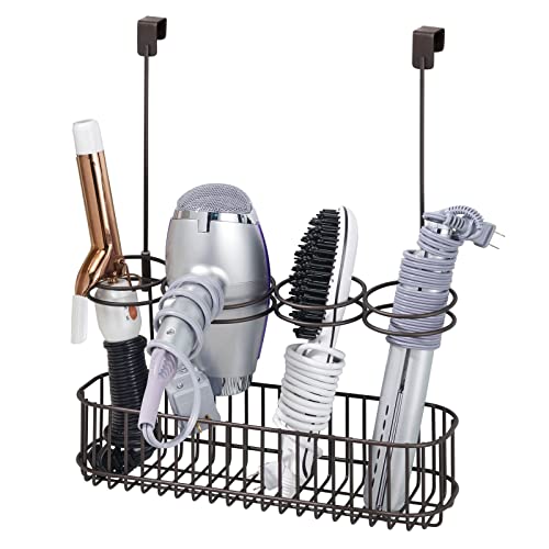 mDesign Metal Bathroom Storage Tool Organizer Accessory Basket Tray - Hang Over Cabinet Door - Storage for Hair Dryer, Straightener, Curling Iron & Hair Styling Products - Concerto Collection, Bro...