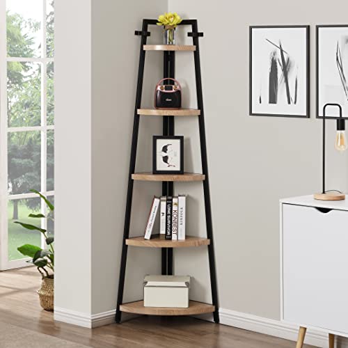 O&K FURNITURE 5 Shelf Industrial Corner Bookcase and Shelf, A-Shaped Display Corner Storage Rack Bookshelf-70-Inch, Oak Finish