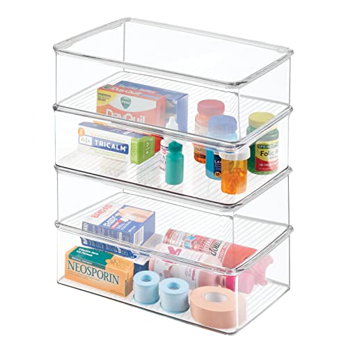 mDesign Plastic Bathroom Storage Organizer Box w/Hinge Lid for Closet Shelves, Cupboards, Holds Medicine, First Aid, Lotion, Cotton Swabs, Masks, and Styling Tools, Ligne Collection, 4 Pack, Clear