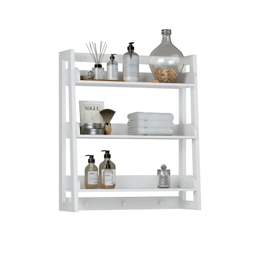 UTEX 3 Tier Bathroom Shelf Wall Mounted with Hooks, Bathroom Shelf Over The Toilet (White)