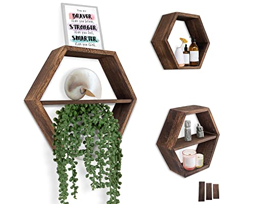 Comfify Rustic Wall Mounted Hexagonal Floating Shelves Set of 3 Honeycomb Shelves Screws and Anchors Included - Farmhouse Decor Honeycomb Wall Décor - Rustic Brown