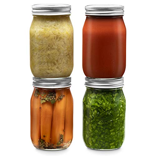 Glass Regular Mouth Mason Jars, 16 Ounce (4 Pack) Glass Jars with Silver Metal Airtight 1 Piece Lids for Meal Prep, Food Storage, Canning, Drinking, Overnight Oats, Jelly, Dry Food, Salads, Yogurt