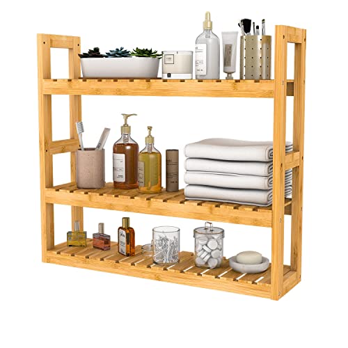 Domax Bamboo Bathroom Shelf 3-Tier Wall Mount Storage Rack Multifunctional Adjustable Layer Free Standing Over Toilet Utility Shelves Living Room Kitchen (Bamboo)