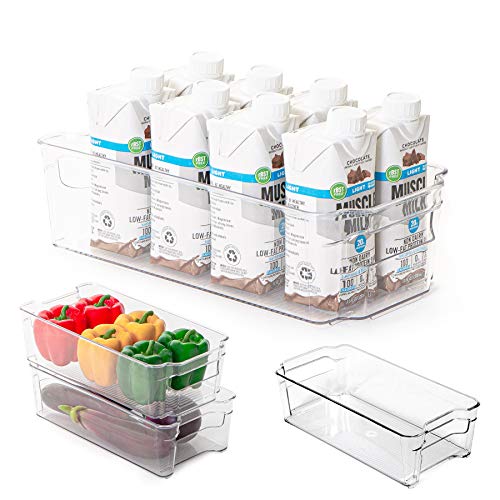 Smart Design Stackable Refrigerator Organizer Bins for Fridge Storage Narrow, 6 x 12 in., Set of 4 Fridge Organization and Storage Bins with Handles for Easy Living BPA-Free Plastic