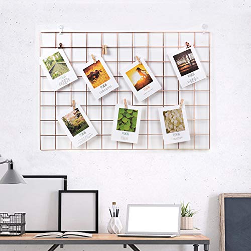 Wall Grid Panel, Grid Wall Photo Display Hanging, Foldable Office Wall Decor Iron Rack, Photograph Wall Mesh Organizer, Ins Art Display Picture Wall Hangers(1Pack ,Rose Golden,25.6 x 17.7 Inches)