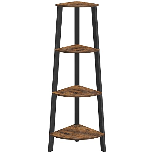 VASAGLE Corner Shelf Stand, 4-Tier Corner Bookshelf, Industrial Corner Ladder Shelf, Plant Stand Display Shelf for Living Room, Office, Kitchen, Rustic Brown and Black ULLS34X