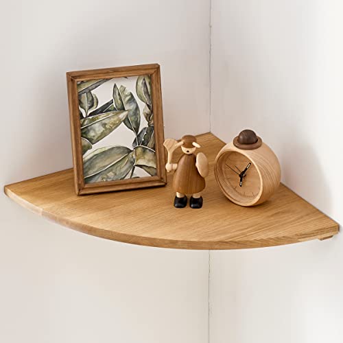 BEUGAWHOO Corner Shelf Wall Mount, 12inch Oak Wood Floating Corner Shelf Round End Small Corner Nightstand Plant Shelf Wall Mount for Kitchen, Living Room, Bedroom