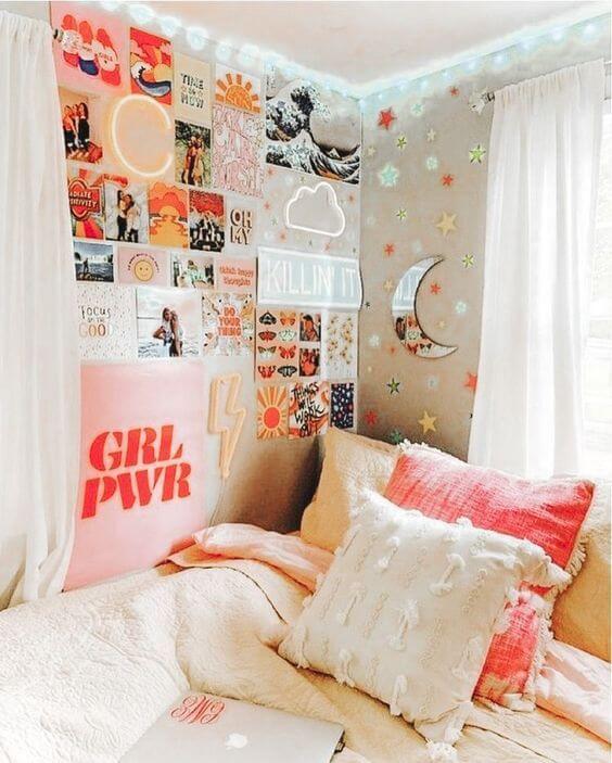 cozy bedroom decor with neon lights