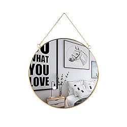 gold round mirror with chain