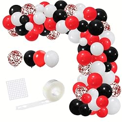 red white and black balloon arch