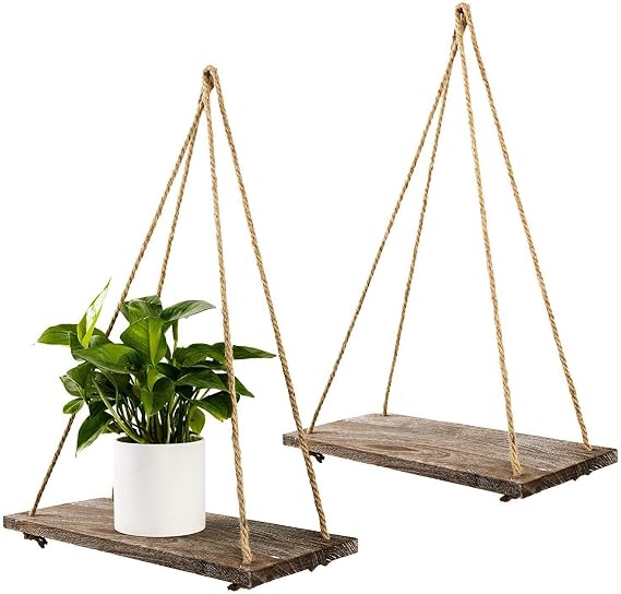 distressed wood rope floating shelves
