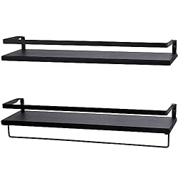 black floating shelf with towel rod
