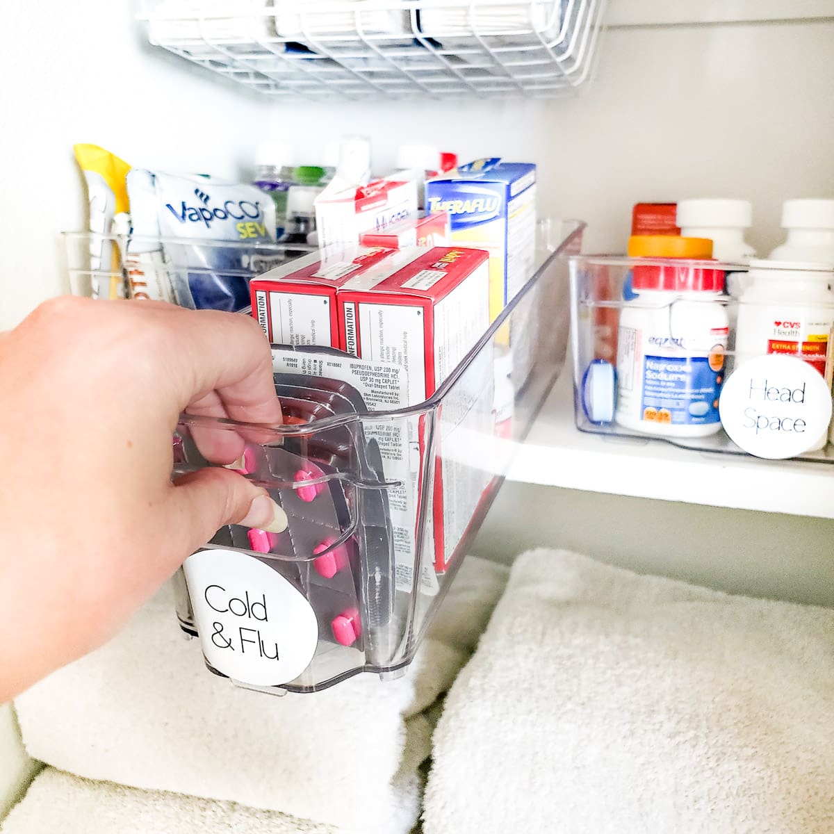 Don't Mix Cleaning Products And Medicines organizing medicines in bathroom closet