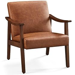 camel and wood accent chair
