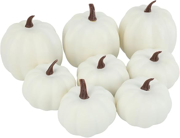 Fake Pumpkins, 8 Pcs White Artificial Pumpkins, Plastic Pumpkins for Halloween and Thanksgiving Party Table Centerpiece Autumn Home Decoration-A