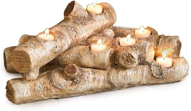Plow & Hearth Faux Birch Wood Resin Logs Candle Holder for Fireplace | Romantic Ambiance Without Heat or Mess | Holds 8 Tea Lights| Realistic Sculpted Logs | 18"L x 10.5"W x 8"H