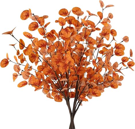 6pcs Artificial Fall Eucalyptus Leaves Stems Fall Decorations Silk Fake Eucalyptus Branches Fall Leaves for Vase Boquets Autumn Home Wedding Table Thanksgiving Decor Orange