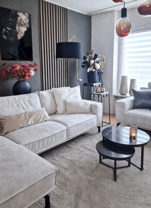 living room with dark walls