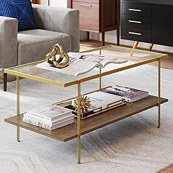 rectangle coffee table with gold legs and oak storage shelf