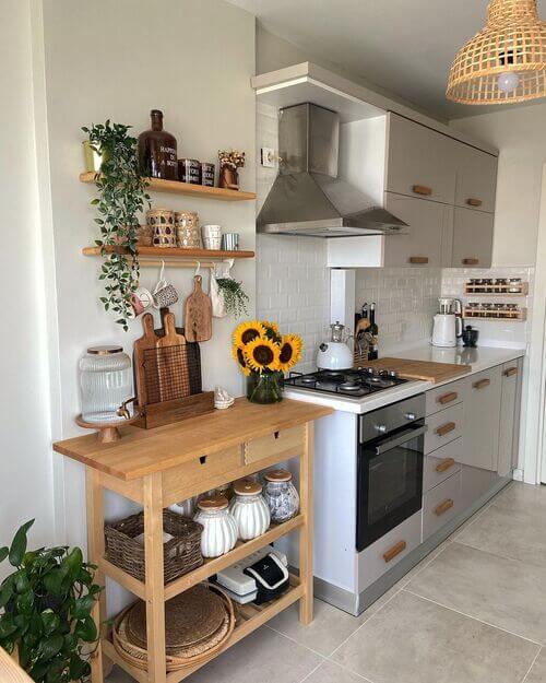 wood floating shelves in kitchen