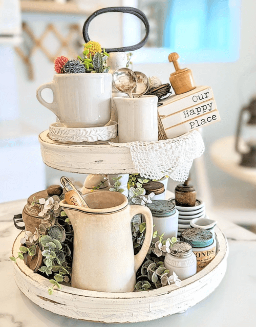white wood tiered tray