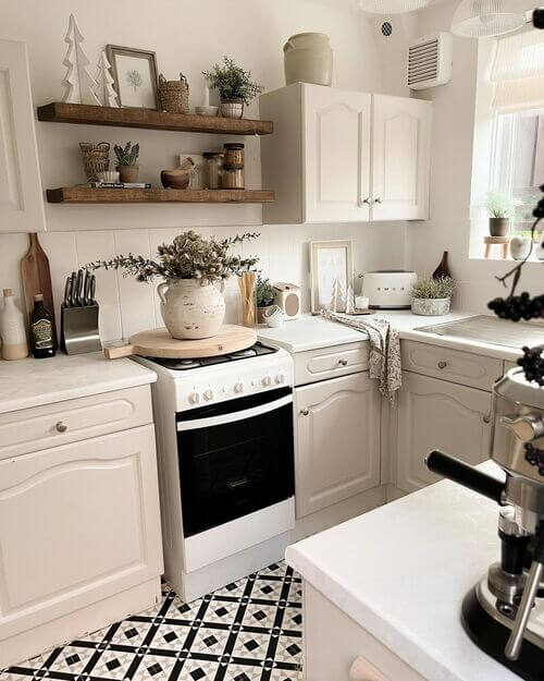 farmhouse floating shelves kitchen