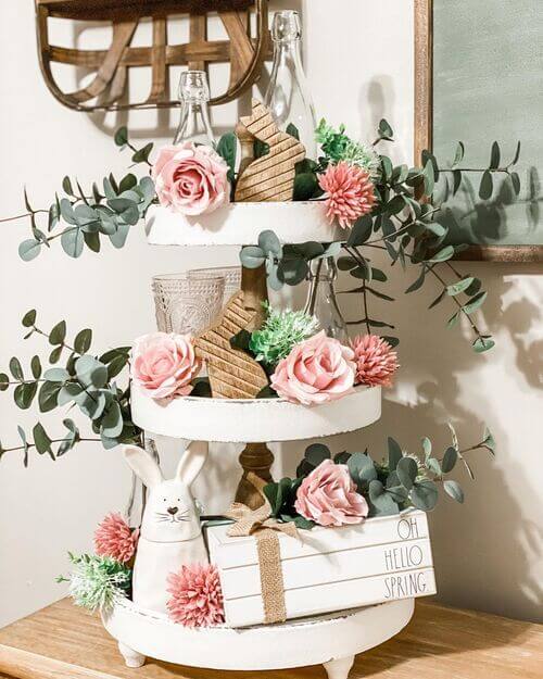 spring tiered tray with flowers