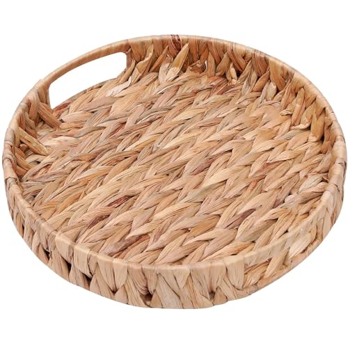 Coffee Table Tray Round Ottoman Tray Woven Serving Trays with Handles,Water Hyacinth Storage Baskets Wicker Serving Traysfor Home and Kitchen Decorative (11.8inch x1.9 inch)