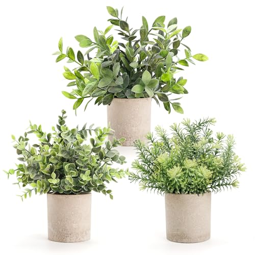 Der Rose 3 Pack Mini Potted Fake Plants Artificial Plastic Eucalyptus Plants Topiaries for Home Office Desk Farmhouse Room Decor