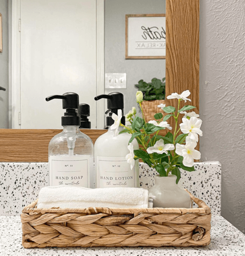 bathroom woven tray decor