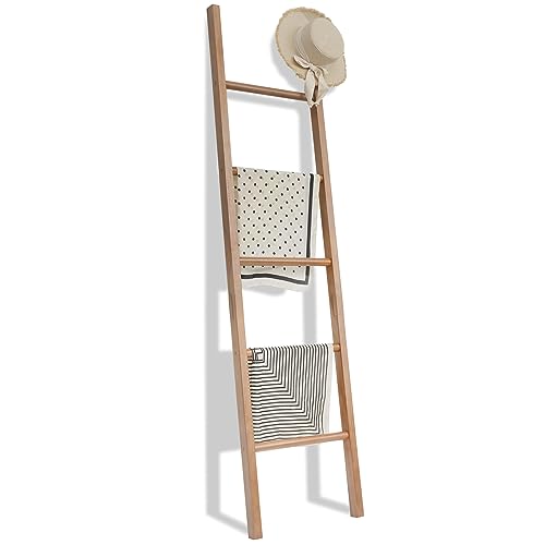 FUIN 6ft Wooden Natural Blanket Ladder Living Room Decorative Wall Leaning Farmhouse Quilt Display Holder Rustic Wood Towel Rack for Bathroom