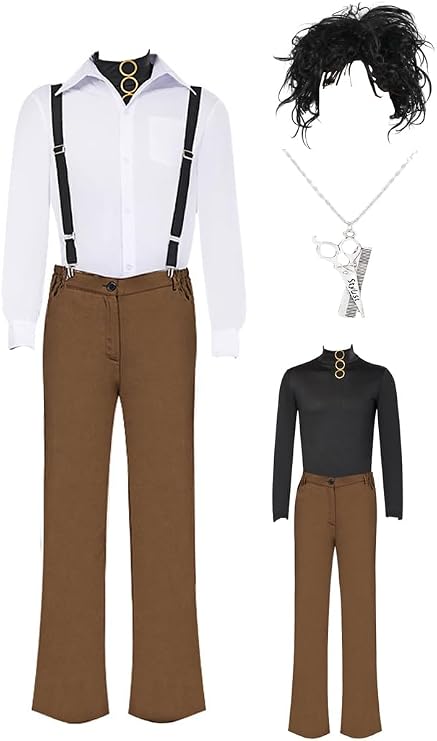Men Edward Scissorhands Cosplay Costume Top Shirt Suspenders Pant Necklace Full Suit with Wig Accessory