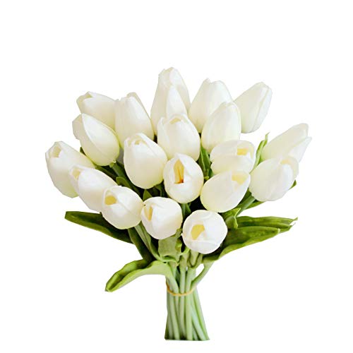 Mandy's 20pcs White Flowers Artificial Tulip Silk Fake Flowers 13.5" for Mother's Day Easter Valentine s Day Gifts in Bulk Home kitchen Wedding Decorations
