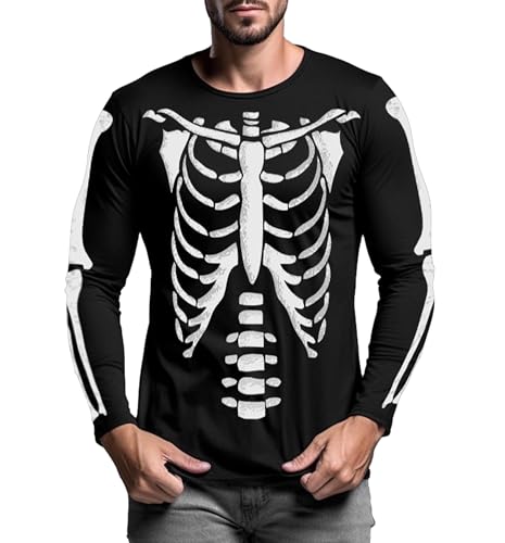URBAN BUCK Men Halloween Skeleton Shirt Casual Rib Cage Graphic Long Sleeve Black Costume Tshirt (L)