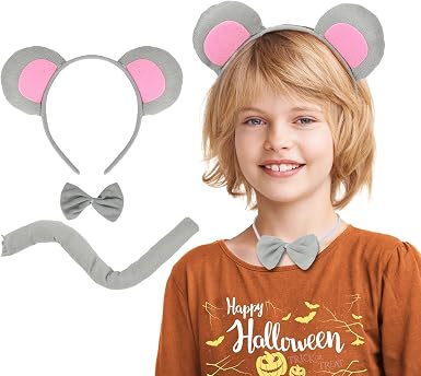 Mouse Ears Set, Rat Costume Set, Include Mouse Ears Headband Tail and Bowtie, Mouse Costume with Rat Ears for Halloween Costume Cosplay or Party Decoration