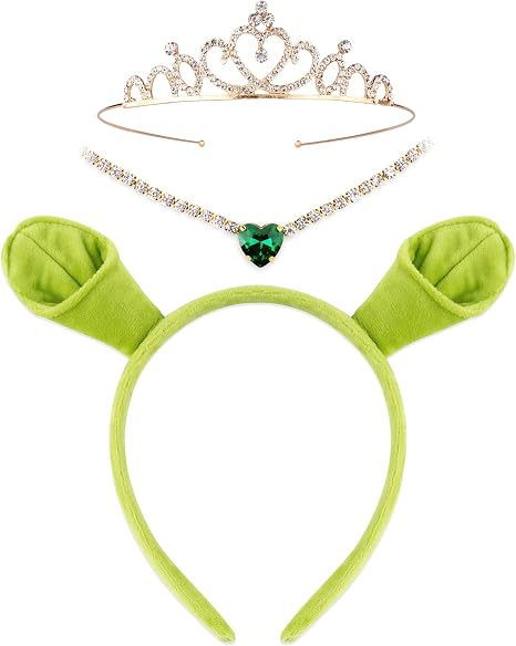 3Pcs Green Ogre Ears Headband Crown Heart Necklace Costume Party Accessories Halloween Cosplay Set