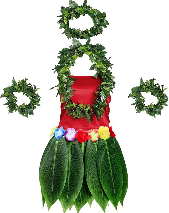 6 Pcs Hawaiian Woman Costume Include Hula Skirt Crop Top Hawaiian Flower Leis Necklace Bracelet for Halloween Women Cosplay