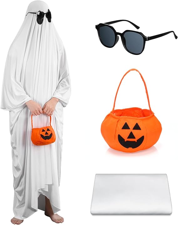 Mepase 3 Pcs Halloween Ghost Costumes Set for Adult White Sheets Boo Ghost Costume with Pumpkin Trick or Treat Bags Sunglasses for Halloween Costume Party Cosplay