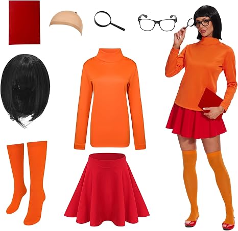 Velma Costume Adult Women Halloween Sexy Cosplay Set with Orange Turtleneck Top Bob Wig 8Pcs Classic Movie Costumes