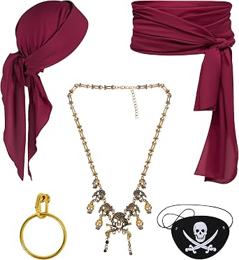 Pirate Costume Women Men 5Pcs Pirate Head Scarf Bandana Pirate Sash Belt Accessories Set Red