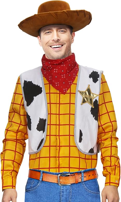 Cowboy Costume Tartan Shirt Men's Lapel T-Shirt Button Down Vest Scarf with Sheriff Badge Halloween Outfits