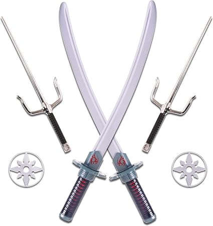 Kangaroo 6-Piece Ninja Halloween Costume Accessories - Toy Swords Set for Kids, Anime Swords for Ninja Kids Toys | Ninja Weapons for Boys, Silver Katanas, SAIS, and Stars Samurai Sword for 8-12
