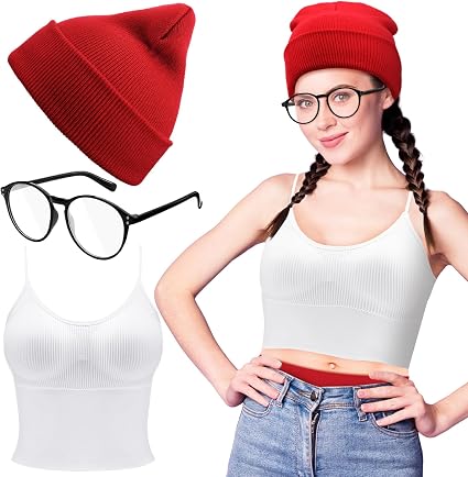 3 Pcs Halloween Subway Women Costume Accessories Cami Top Slouchy Red Beanie Cap Knit Hat Square Non-prescription Eyeglasses for Women Halloween Party