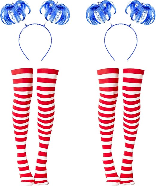 IMISHM 4 Pcs Halloween Costume Accessories Include Blue Ponytail Headband Long Knee Thigh High Striped Socks for Halloween Party Supplies