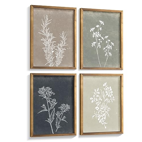 Framed Boho Wall Art Set of 4 for Wooded Minimalist Botanical Print Wall Art for Rustic Vintage Farmhouse Home Kitchen Wall Decor (Brown, 12x16)