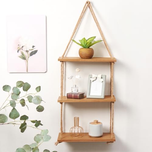 SAND MINE 3 Tier Wood Hanging Shelf, Floating Wall Swing Storage Shelves, Jute Rope Organizer Rack, Wall Shelf Plant Shelf Rope Shelf Storage Shelf Swing Shelf Floating Shelves Handmade Shelves