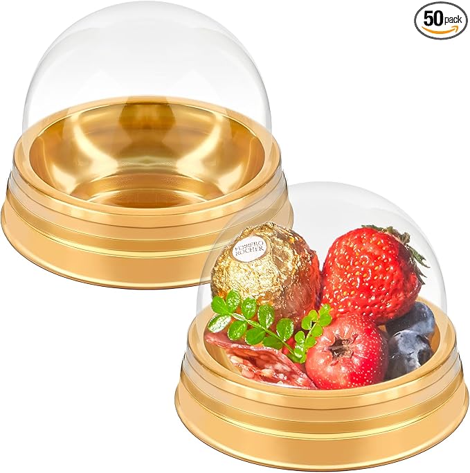 TOFLEN 50 Pack 3 Inches Gold Charcuterie Domes with Clear Lids, Plastic Hot Cocoa Bomb Boxes, Individual Party Dessert Display Charcuterie Domes for Catering Event Wedding